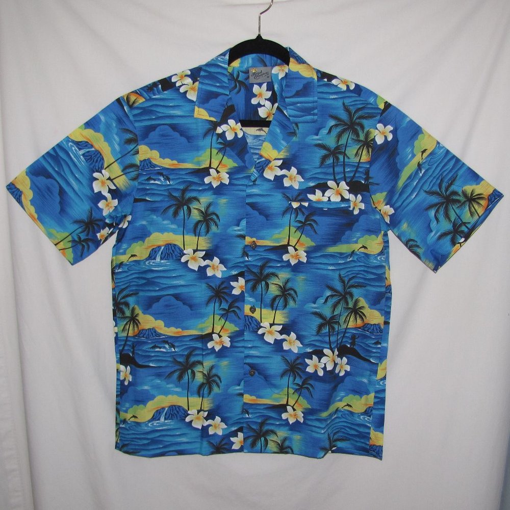 Mens' Royal Creations Blue Floral Palm Trees Hawaiian Shirt Made in Hawaii
